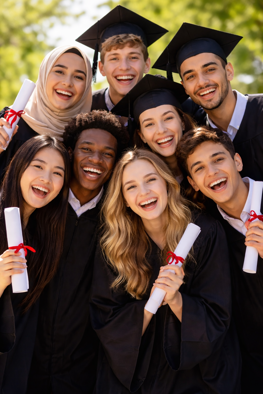 Graduates smiling together celebrating diverse achievements