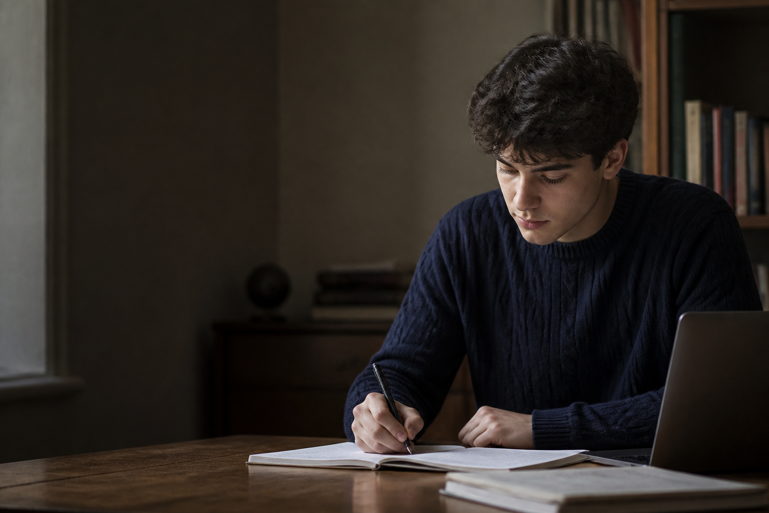 A student writing at a desk