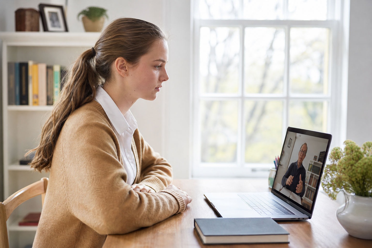 A student in a live lesson on a laptop